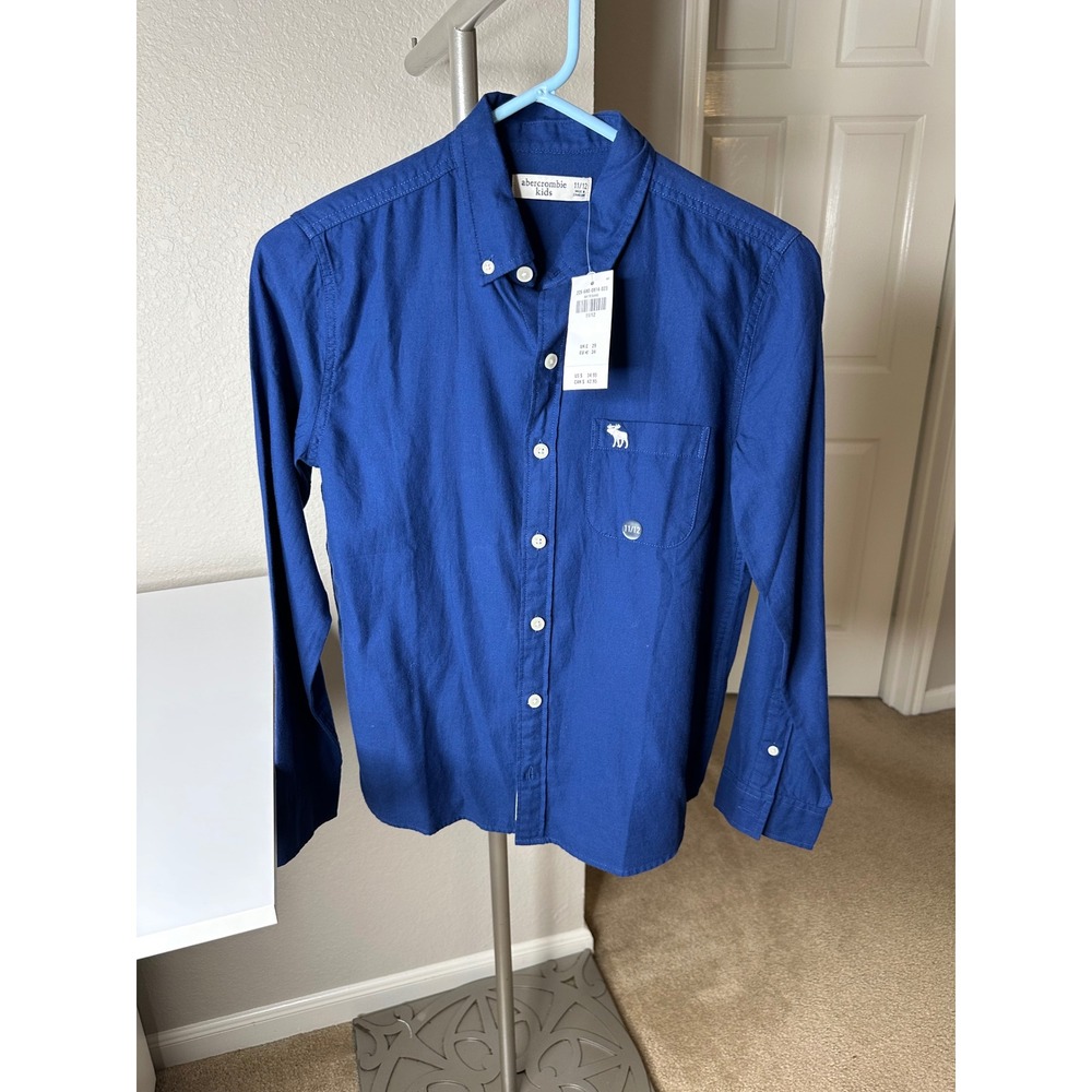 Abercrombie Kids Button Down Shirt Kids 11/12 Blue New Long Sleeve Moose Logo